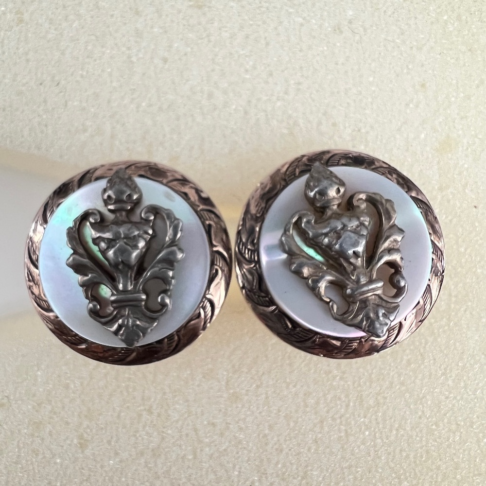 Vintage Victorian Revival Heraldic Fleur de Lis Mother of Pearl round earrings